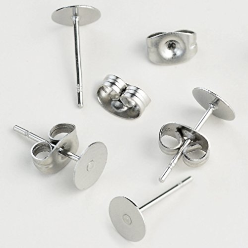 baotongle Stainless Steel Earrings Posts Flat Pad (2 Size) with 100 Pairs Earring Backs for Earring Making Findings, Total 200 Pieces