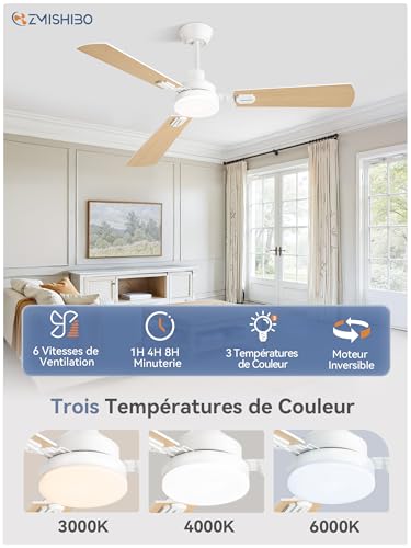 ZMISHIBO Ceiling Fan with 52" LED Light, Remote Control, 2 Rods, 3000K-6000K, Reversible DC Motor, Quiet, 6 Speed, Timer (White+Walnut)