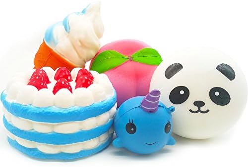 Comfun Jumbo Slow Rising Squishies Stress Relief Soft Toy Charms Cake Peach Panda Narwhal Ice Cream( Pack of 5)