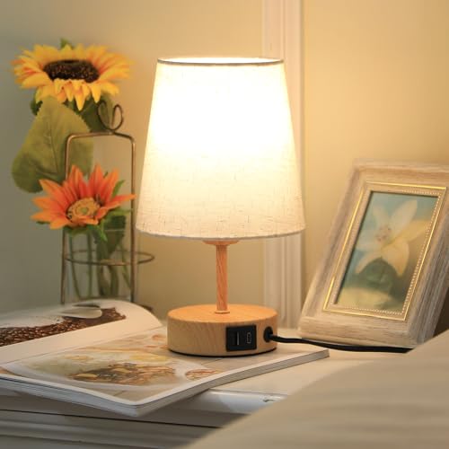 PreeOtti Bedside Lamp Touch Dimmable Table Lamp with USB A+C Charging Function | Lampshade in linen colour, small lamp for bedside table, living room, bedroom, children's room, office, bulb included