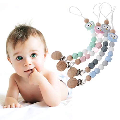 Forgun Owl Silicone Teething Pacifier Clips with Safe Wooden Beads Pacifier Chain Holder for Nipples Baby Chew Toys