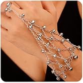 Aimimier Boho Silver Bells Link Hand Chain with Finger Ring Metal Hand Harness Slave Chain Belly Dance Bridal Prom Wrist Bracelets Accessory for Women