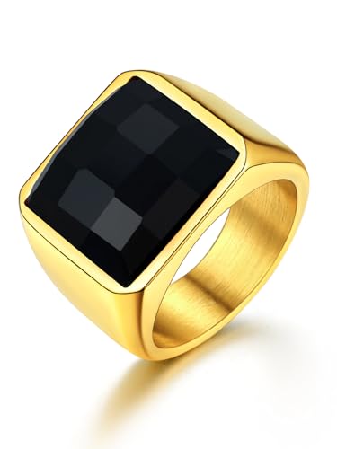 U7 Mens Black Onyx Rings 18K Gold Plated Stainless