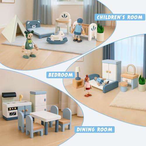 Wooden Dollhouse Furniture Set, 32 Pcs Doll House Accessories and Furniture, Miniature Furniture Including 5 Room Kits, Pretend Play Toy Gift for Boys Girls Toddler 3+