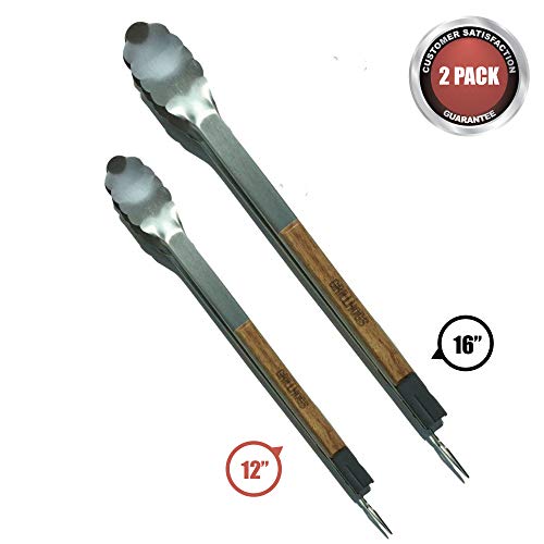 GRILLHOGS Barbecue Grill Tongs | 12 & 16 Inch 2-Pack | Best Metal Kitchen Tongs for Cooking and Grill Accessories | Stainless Steel + Oak Wood BBQ Tongs