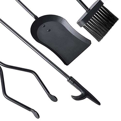 Syntrific 5 Pieces Fireplace Tool Set Black Cast Iron Fire Place Tool Set with Log Holder Fire Pit Stand Rustic Tongs Shovel Antique Broom Chimney Poker Wood Stove Hearth Accessories Set (Renewed)