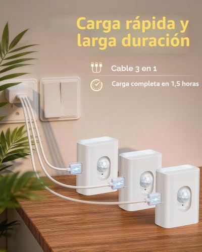 WILLED LED Stair Light, Rechargeable Night Light with Motion Sensor, 4 Pieces, 3 Modes (Auto/On/Off), Sticky Light for Hallways, Cabinets and Kitchen