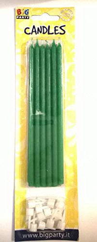 Big Party-12 Thin Candles with Holder, Emerald Green, 71004