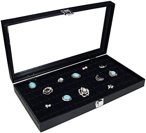 Ikee Design Glass Top Case with 72 Rings Slot Foam, 14 3/4''W x 8 1/4''D x 2 1/8''H