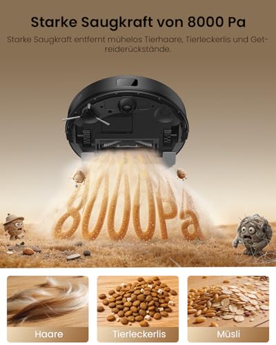 Proscenic Q8 Max Robot Vacuum Cleaner with Wiping Function, 8000 Pa 200 Min Vacuum Cleaner Robot with 3L Dust Bag, LiDAR Navigation with 5 Maps & Line Laser Obstacle Avoidance, Control via App Alexa Siri