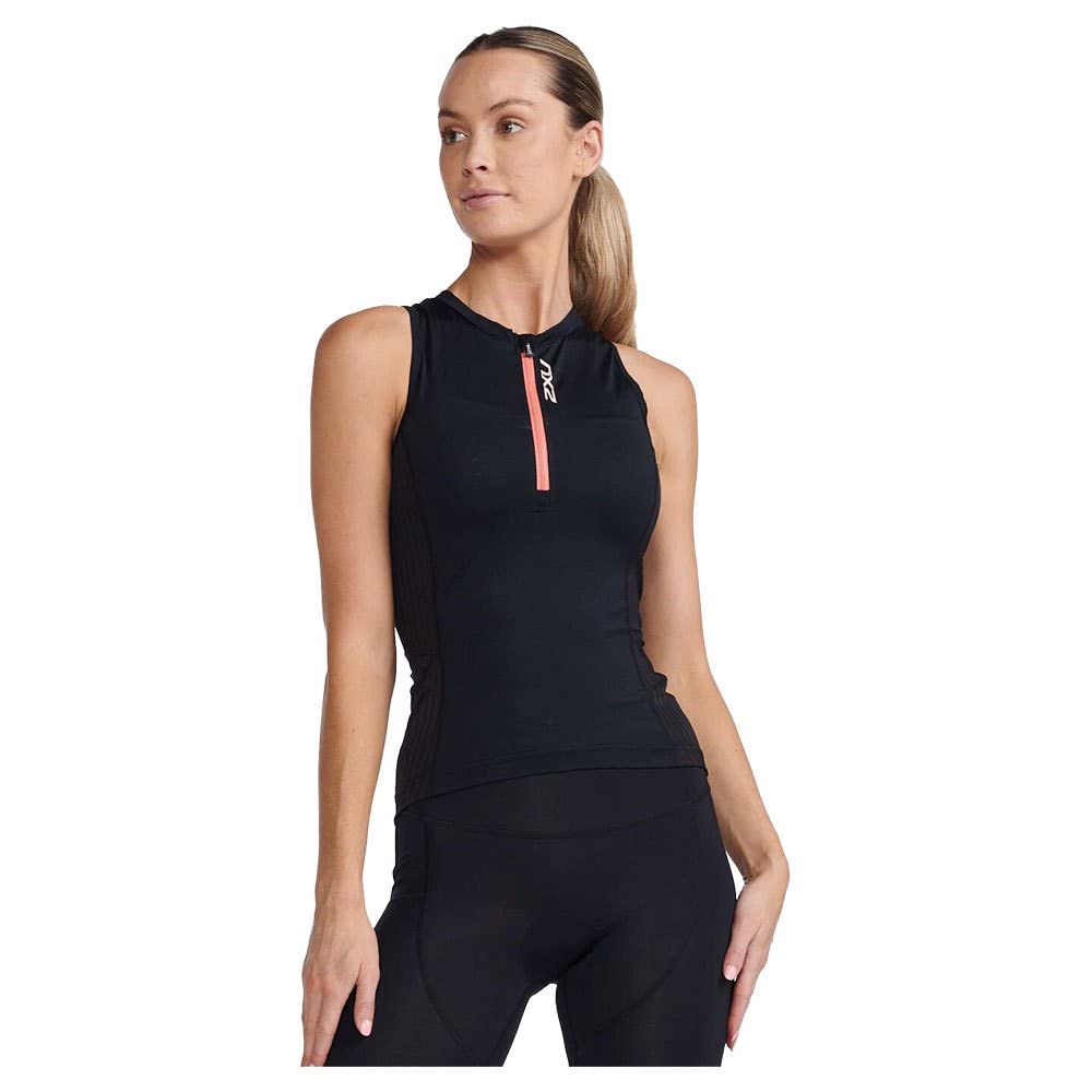 2XU Women's Aero Tri Singlet Tank Top, Black/Hyper Coral, L