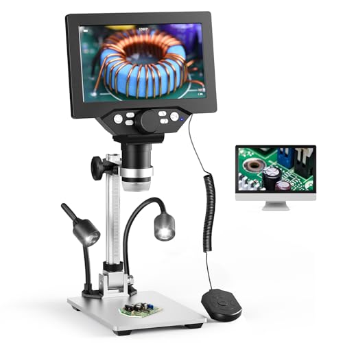 Digital Microscope, Couleeur Height Swivel 1200X 1080P and LCD Microscope, Microscope with 7 Inch Display with 2 Adjustable Side Lights and 8 LED Balls for Electronic Repairs