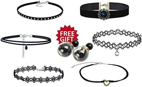 FASHION WANG 6 PCS CHOKER NECKLACE SET - INCLUDES - FREE GIFT - Womens Black Classic Velvet Like Choker, Women and Girls Classic Choker With Metal Details, Tatoo Necklace with Pendant