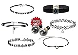FASHION WANG 6 PCS CHOKER NECKLACE SET - INCLUDES - FREE GIFT - Womens Black Classic Velvet Like Choker, Women and Girls Classic Choker With Metal Details, Tatoo Necklace with Pendant