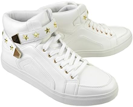 ENDEVICE Mens High Top Sneakers Casual Shoes Lace Up Belt Start Studs White 40 EU (US Men's 8 M)