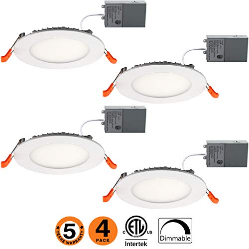 9W 4″ Ultra-Thin Recessed Ceiling Light with Junction Box, 4000K Daylight, Dimmable Airtight Downlight, 650lm 60-80W Equivalent ETL,40K Pack of 4