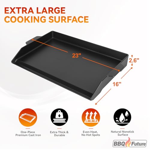 BBQ Future Universal Cast Iron Griddle for Gas Grill with Spatula Set, 23" x 16" Pre-Seasoned Nonstick Griddle Insert Large BBQ Flat Top Plate for All Gas/Electric Grill, Stove Top and More