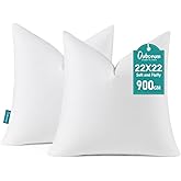 Oubonun 22 x 22 Down Feather Throw Pillow Inserts - Fluffy and Plush Odor-Free Fill - 100% Breathable Cotton Fabric for Couch Sofa Bed, White, Pack of 2