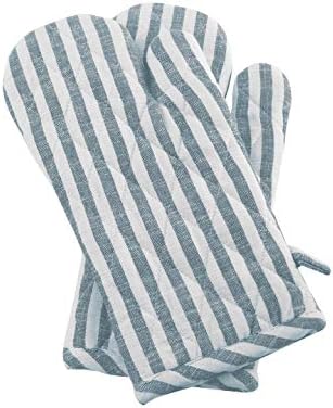 Set of 2 Mitten, Chambray Stripes, 100% Cotton, Eco Friendly and Safe, Heat Resistant, Suitable for all Household Ovens, Petrol Colour, Size 7"X13", Product of Cote De Amor