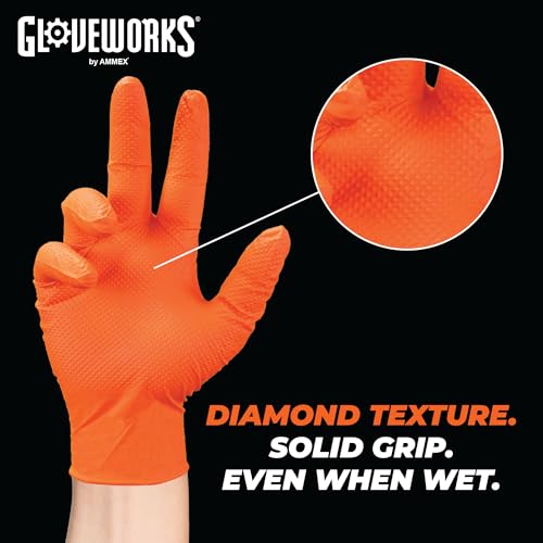 GLOVEWORKS 8 Mil Orange Nitrile Disposable Gloves Heavy Duty Industrial RDT for Mechanic and Automotive, XL Box of 100