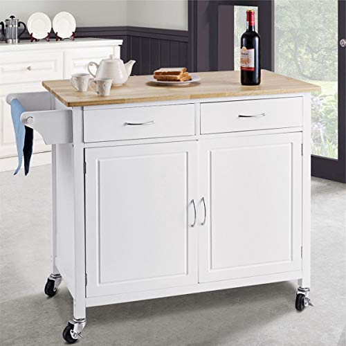 WATERJOY Rolling Kitchen Buffet Cart, Wood Utility Kitchen Storage Island Cart with Wood Top, Antique White(43" x 19.5" x 35.5")