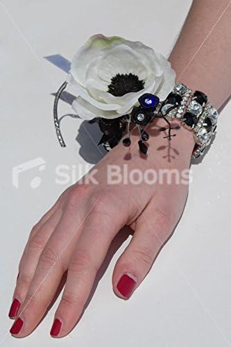 Black &amp; White Anemone &amp; Sparkling Crystal Wedding Wrist Corsage