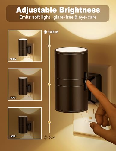 Night Lights Plug into Wall, Dimmable Night Light Plug in, Modern Night Lights with Dusk to Dawn Light Sensor, Soft White 3000K, 0-100LM Adjustable Brightness Nightlight for Hallway Bedroom, 2 Pack