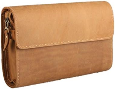Men's Crazy Horse Leather Business Large Capacity Clutches Handbag Soft Zipper Wallet (yellow)