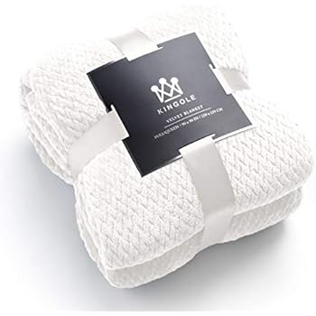 Kingole Flannel Fleece Luxury Throw Blanket, Cream White Twin Size Jacquard Weave Pattern Cozy Couch/Bed Super Soft and Warm Plush Microfiber 350GSM (66 x 90 inches)