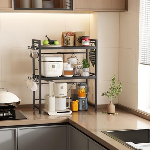 NETEL Extendable 3 Tier Microwave Stand, Adjustable Countertop Microwave Shelf, Kitchen Countertop, Microwave Organizer with Cup Holder and 8 Hooks, Black