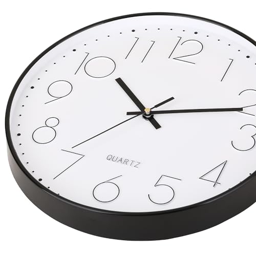 TOHOOYO Wall Clock 12 Inch Non-ticking Silent Quartz Decorative Clocks with Stereoscopic Dial Ultra-Quiet Movement Quartz for Office Classroom Home Living Room Bedroom Kitchen (Black)