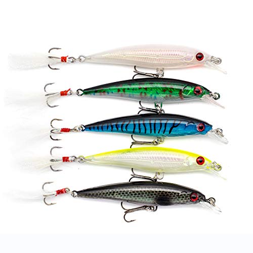HUNTIC Minnow Wobbler Set 5 Stück Kunstköder mit Feder + Fischköderbox - 9cm, 8g - Angelköder schwebend…