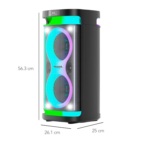 Aiwa Bocina Portátil Bluetooth 5.0 de 60W RMS, Bafle con Doble Woofer 6.5" y Tweeter 2", Sonido Potente, Luces LED, TWS, Radio FM, Entrada Micrófono y Guitarra, Ideal Fiestas y Karaoke AWPOH4D