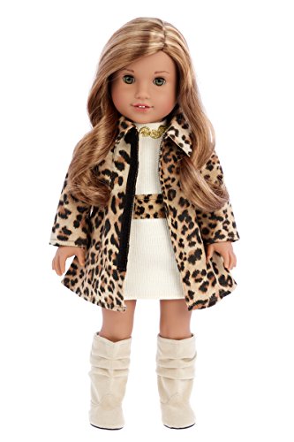 Fashion Girl - 3 piece outfit - Cheetah Coat, Ivory Dress and Ivory Boots - 18 Inch Doll Clothes (doll not included)
