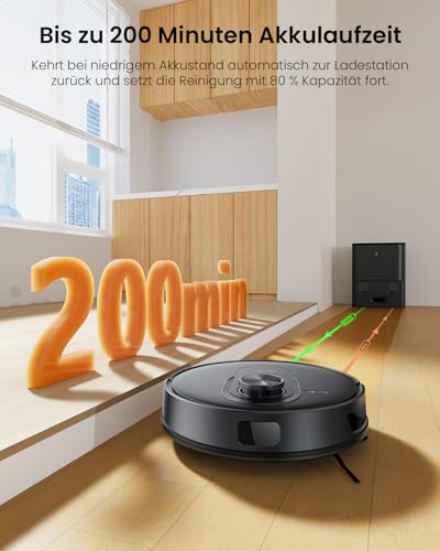 Proscenic Q8 Max Robot Vacuum Cleaner with Wiping Function, 8000 Pa 200 Min Vacuum Cleaner Robot with 3L Dust Bag, LiDAR Navigation with 5 Maps & Line Laser Obstacle Avoidance, Control via App Alexa Siri