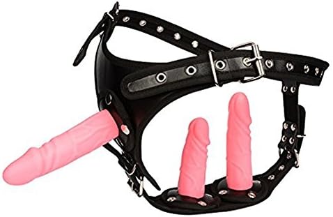 Fanlisi Lesbian Strap on Harness Personal Massager with 3 Removable Heads for Women PU Leather T-back Pants - Pink & Black