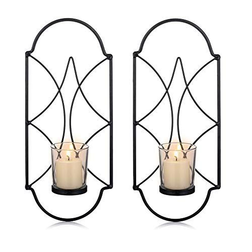 Sziqiqi Metal Wall Sconce Candle Holder Decor Set of 2 Wall Mounted Candle Sconces Holders with Glass, Candle Sconces Holder for Wall, Home Wall Art for Living Room Fireplace Yard Pathway, Black