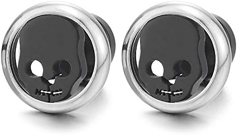 iMECTALII2pcs Steel Silver Black Skull Circle Stud Earrings for Men Women Boy, Screw Back, Gothic Rock Punk