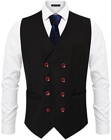 Spinty Mens Slim Solid Color Double Breasted Suit Vest Black