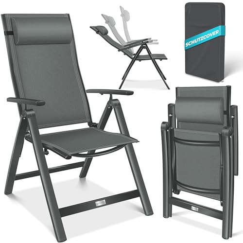 KESSER® Gartenstuhl Hochlehner mit Armlehnen Aluminium Klappstuhl mit Kopfkissen & Abdeckung Campingstuhl 7-Fach Verstellbar Rückenlehne Atmungsaktiv