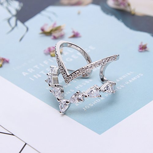 Silver Cubic Zirconia Ring CZ V Ring Open Adjustable Heart Princess Ring for Women