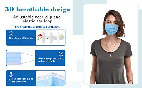 50 Pcs Disposable Face Mask, Breathable Face Masks 3 Ply Protection for Blocking Dust Air Pollution, Daily Protective facemask Bulk for Adult, Men, Women, Indoor, Outdoor Use