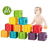 Bu-buildup Squeeze Baby Blocks, Soft Building Blocks for Toddlers, Bath Toys, Teething Chewing Toys, Educational Baby Toys with Animals, Shapes, Textures, Numbers, 12 PCS for Baby 6 Month & Up