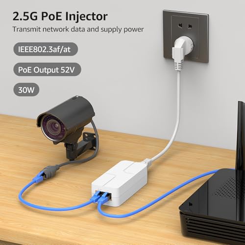 YuanLey PoE Injector 2.5G 30W, PoE+ Converts Non-PoE Port to PoE+, 52V IEEE 802.3at/AF, 10/100/1000/2500Mbps Ethernet Adapter Plug & Play, Up to 100m