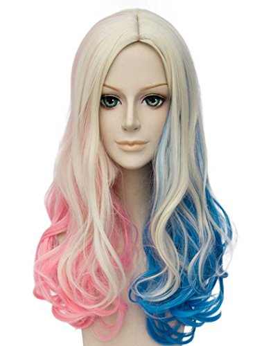 Tsnomore Pink and Blue Mixed Long Curly Suicide Squad Harley Quinn Cosplay Wig with Ponytails (layered curly)