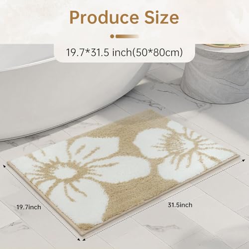 Bathroom Mat 19.7x31.5 Inch, Non Slip Extra Soft Absorbent Washable Bathroom Rugs, Mid Century Modern Boho Area Rug Welcome Mat Floral Faux Wool Bath Mat for Bathroom, Bedroom, and Kitchen,Brown