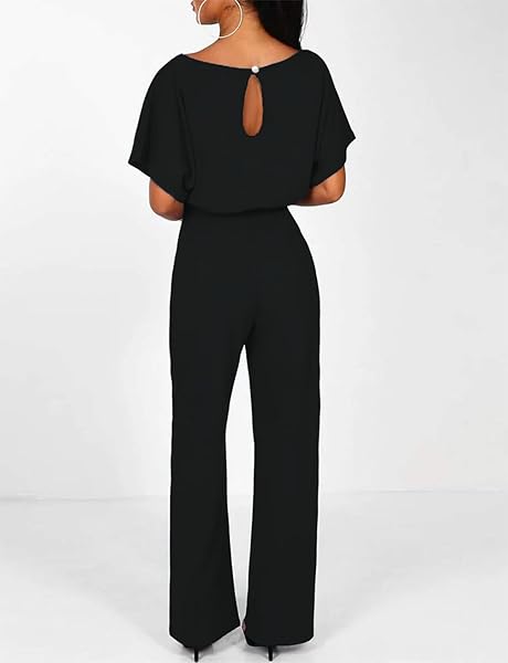 BBKKUCK WOMENS ELEGANT FORMAL ROMPERS DRESSY WIDE LEG LONG PANTS JUMPSUITS TIE WAIST BELTED WEDDING GUEST JUMPERS, LARGE, 3-BLACK