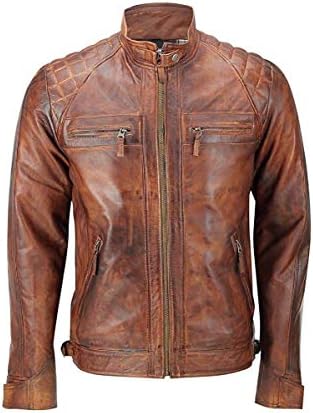 AbbraciShazmeen Mens Genuine Leather Biker Jacket Vintage Cafe Racer Motorcycle Jacket Men Real Lambskin Leather Jacket Mens