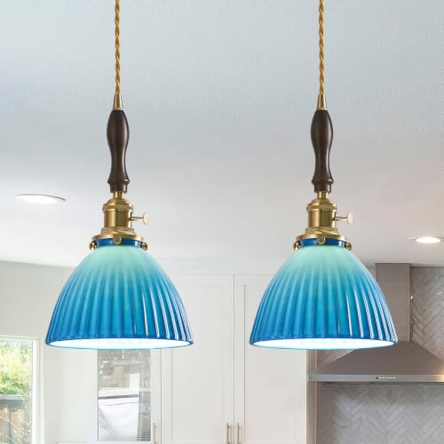 BBLLWJ Blue Bell Ceramic Pendant Lights 2-Pack, Walnut Wood Brass Lamp