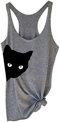 Women Cat Print Casual Tank Top Blouse Sleeveless O Neck T-Shirt (S, Gray)